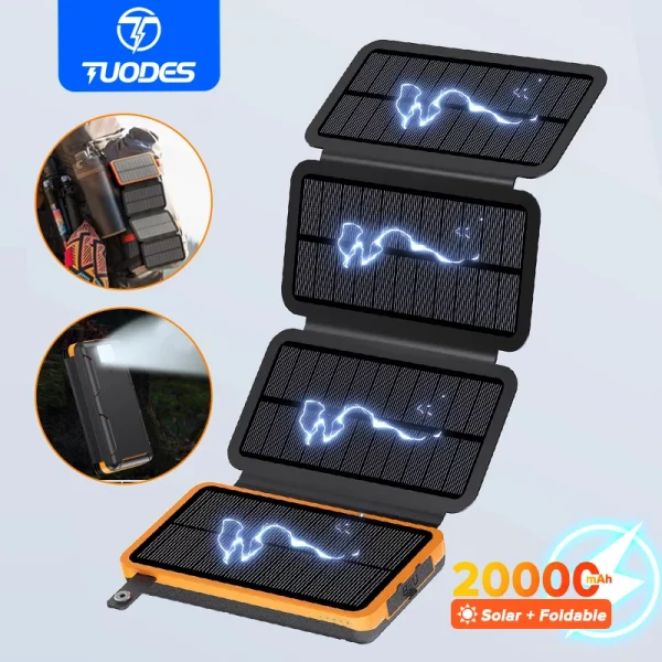 TUODES 20000mah Solor Power Bank 4 Solar Panels Large Capacity External Battery Waterproof Powerbank For iPhone Xiaomi Samsung
