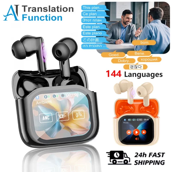 Touch Screen Translator Headphones 144 Languages Translation Wireless Bluetooth 5.4 Earbuds Noise Cancelling Business Headset