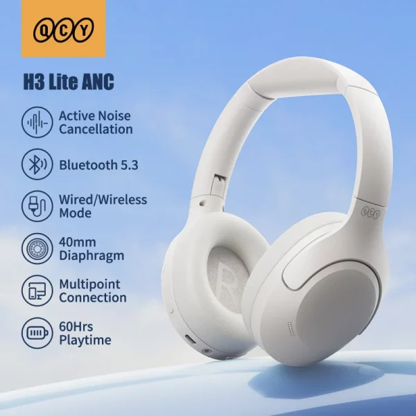 QCY H3 Lite ANC Wireless/Wired Headphones Bluetooth 5.3 Foldable Over Ear Headset HIFI Sound 60H Playtime Earphones Dual Connect